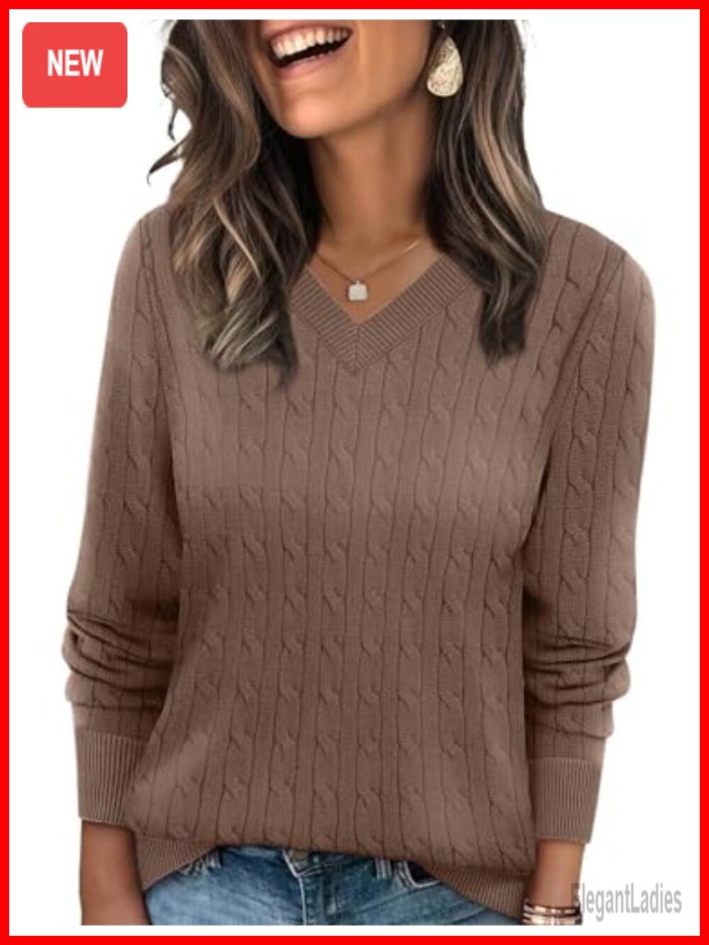 V-Neck Cable Knit Pullover Sweater Long Sleeve Lightweight Tunic Casual